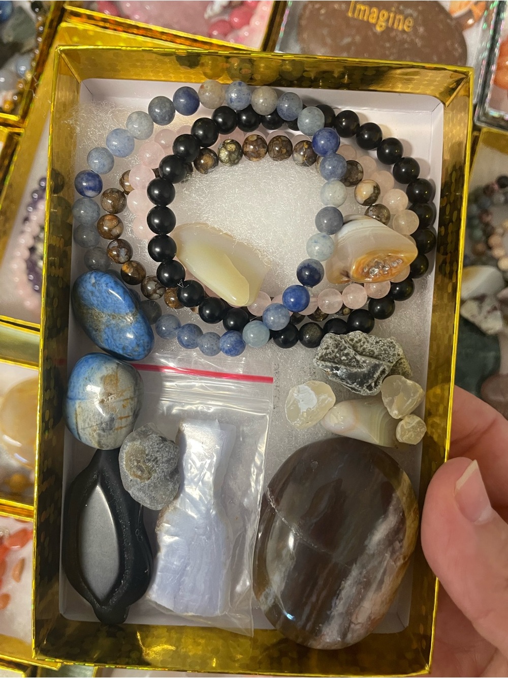 Polished Crystal palm stones,  slab and Crystal stretch bracelet goodie gift box